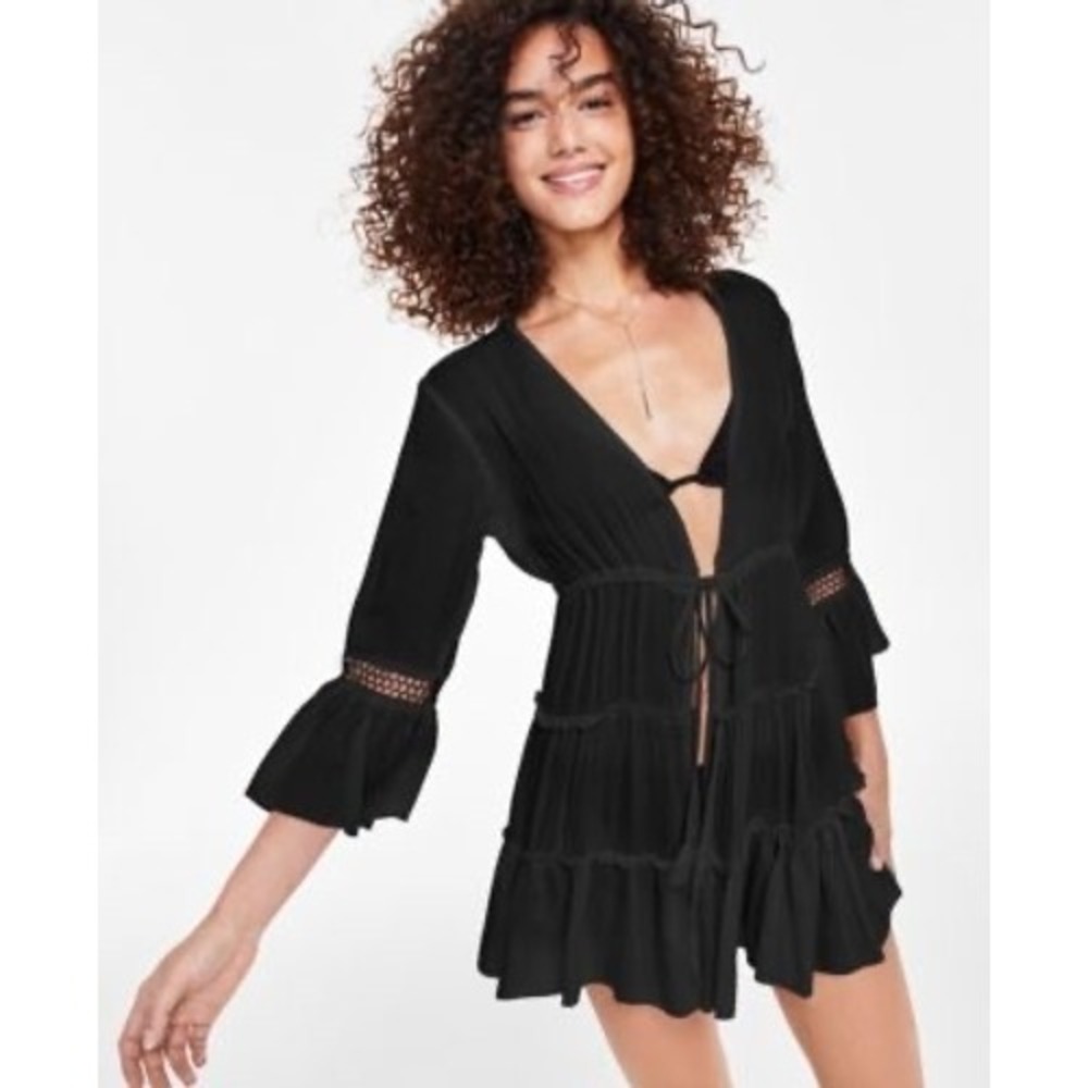 NWT Raviya Cover Up Women Black Eyelet Tassel Boho Ruffle 3X $58